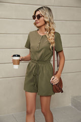 Solid Color Loose Short Sleeve Button Lace up Pocket Jumpsuit