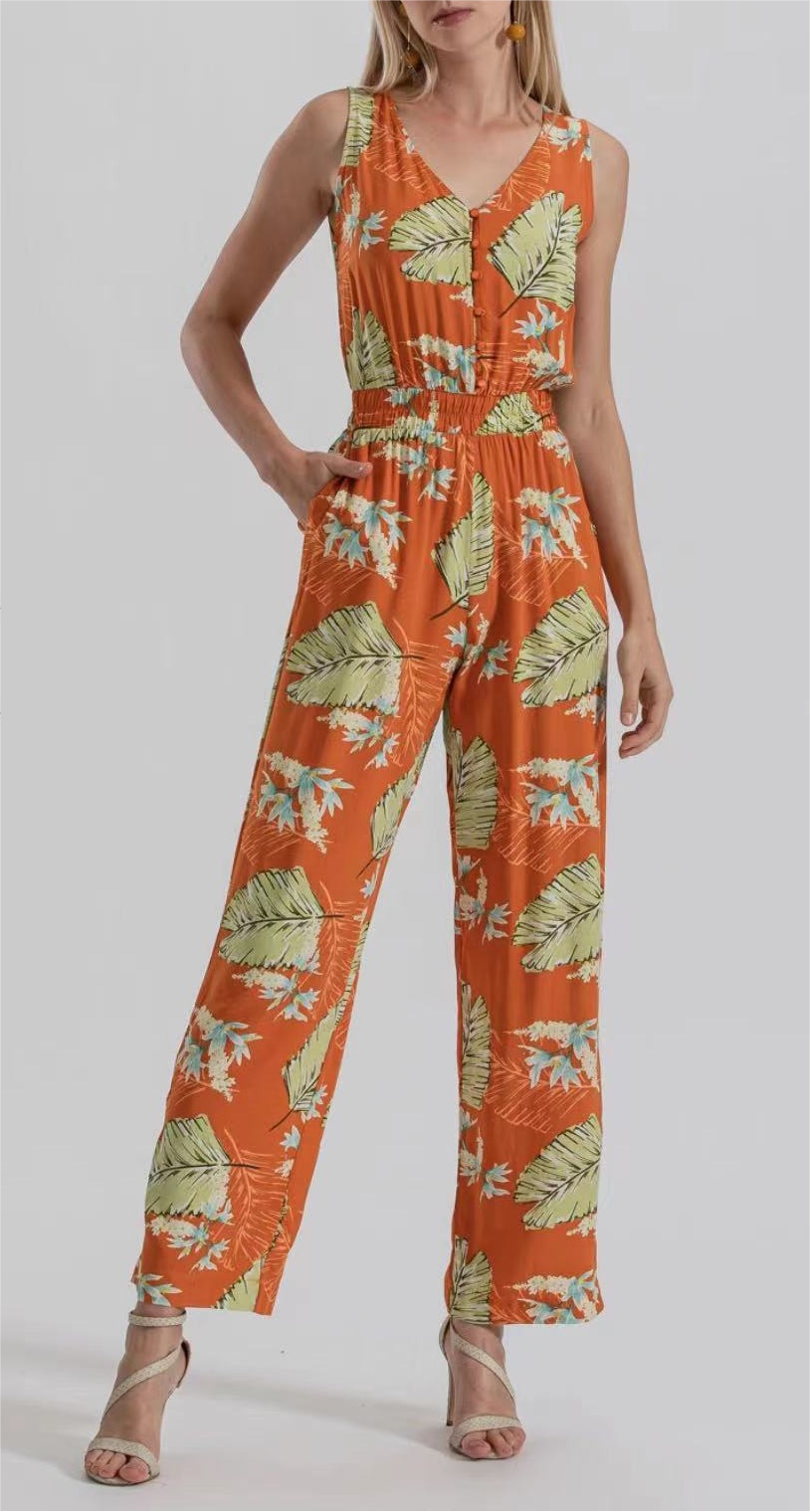 Printing Collared Long Sleeve Jumpsuit Pants