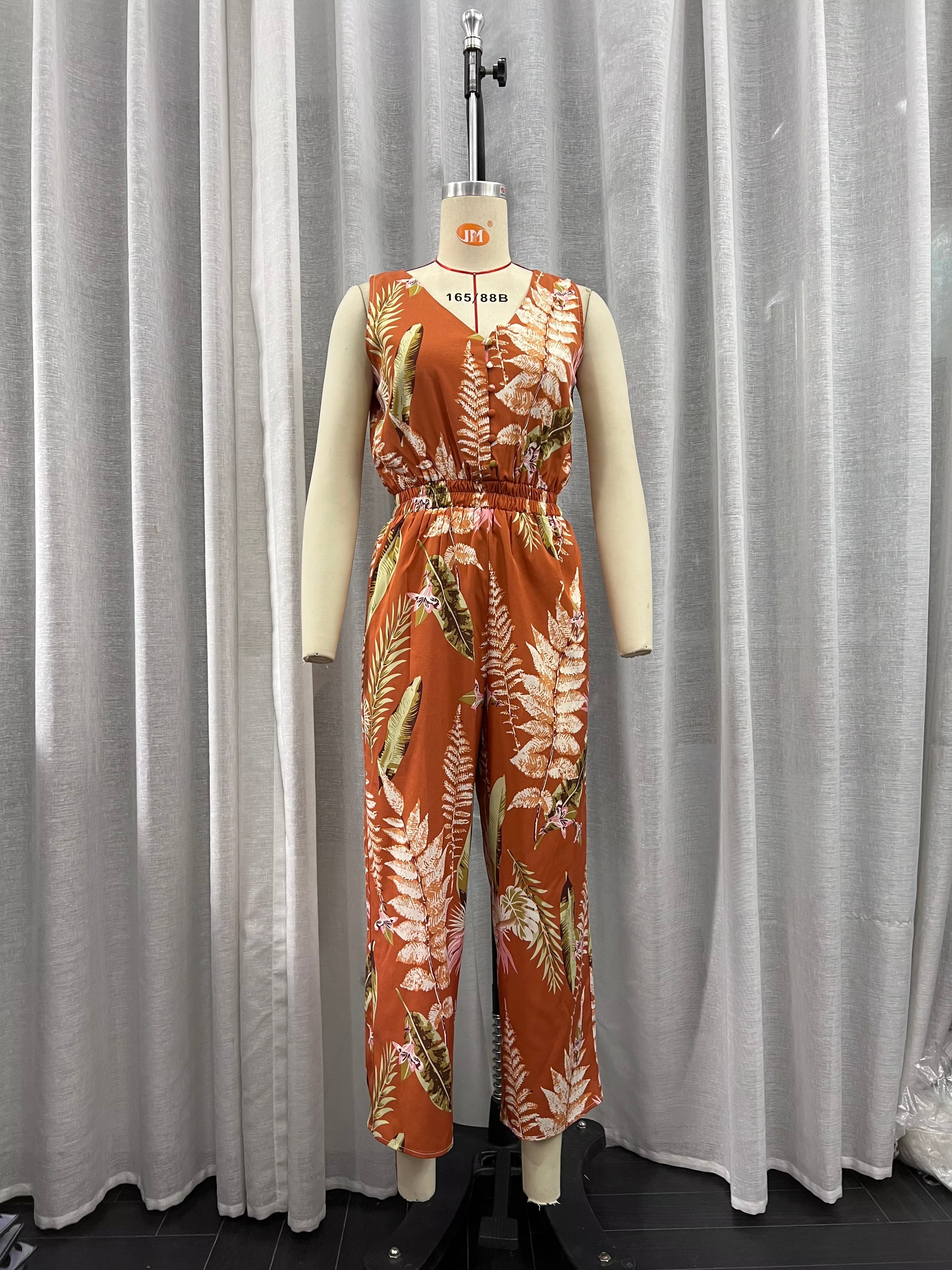 Printing Collared Long Sleeve Jumpsuit Pants