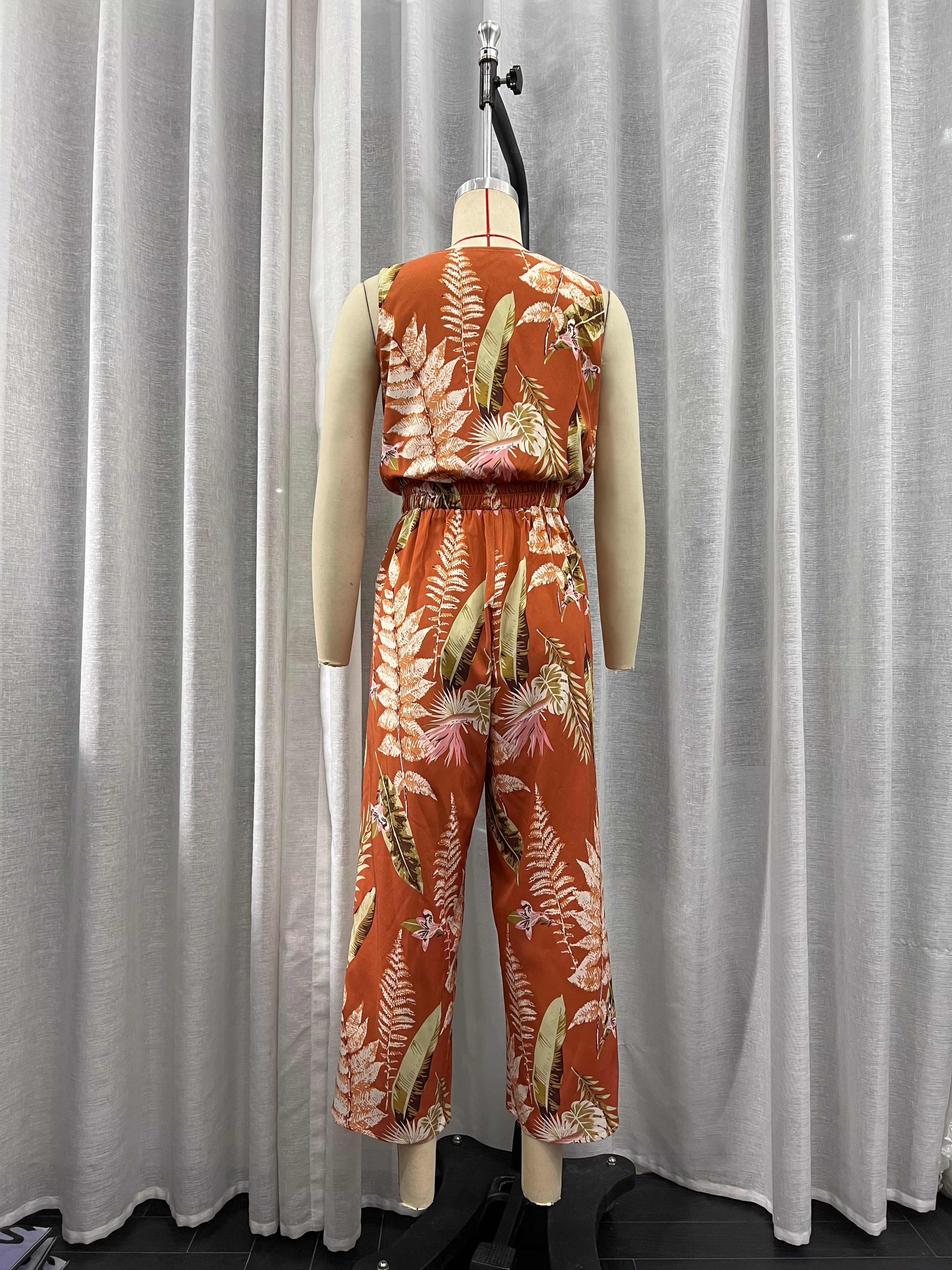 Printing Collared Long Sleeve Jumpsuit Pants