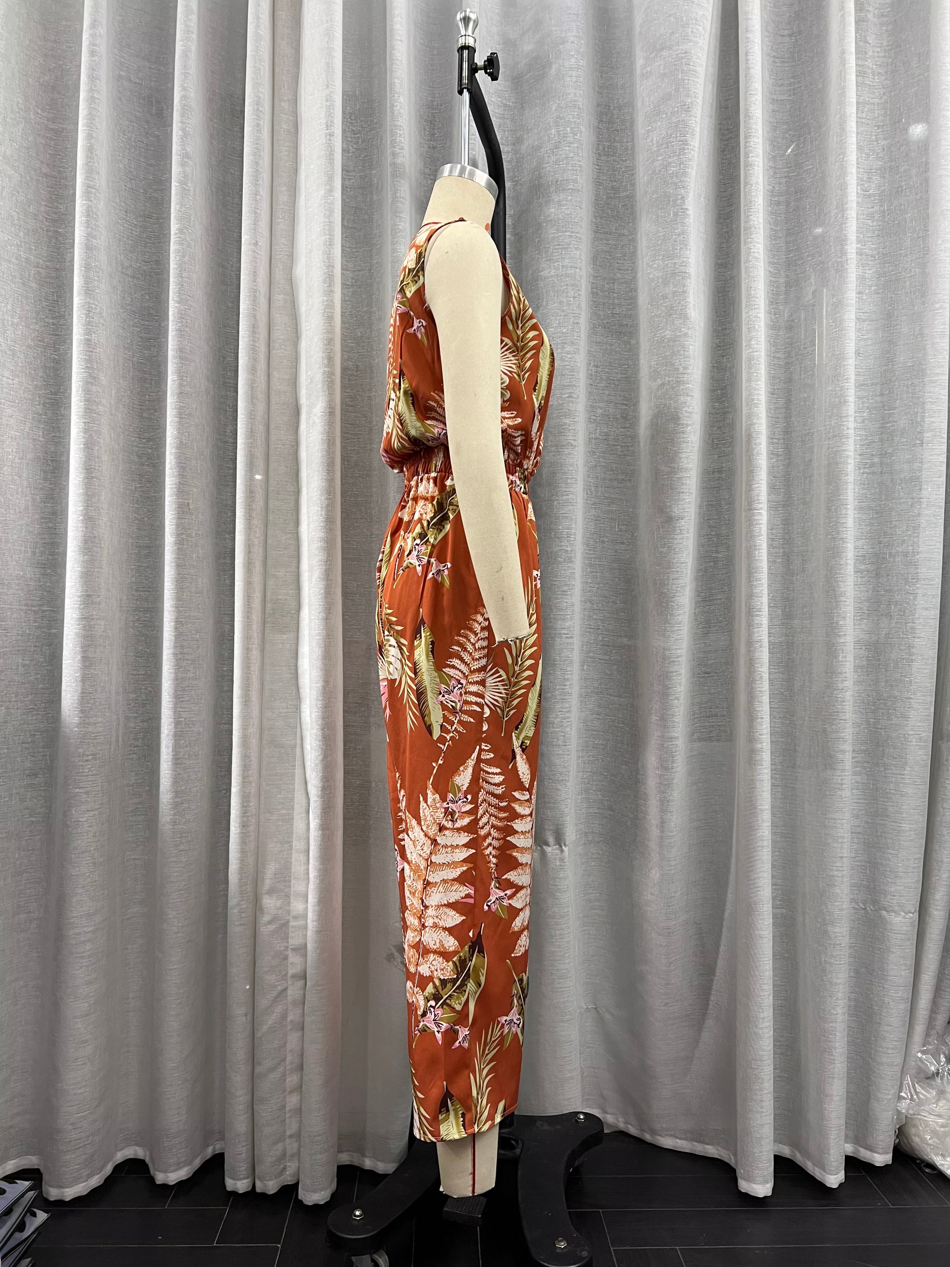 Printing Collared Long Sleeve Jumpsuit Pants