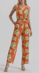 Printing Collared Long Sleeve Jumpsuit Pants