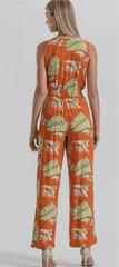 Printing Collared Long Sleeve Jumpsuit Pants
