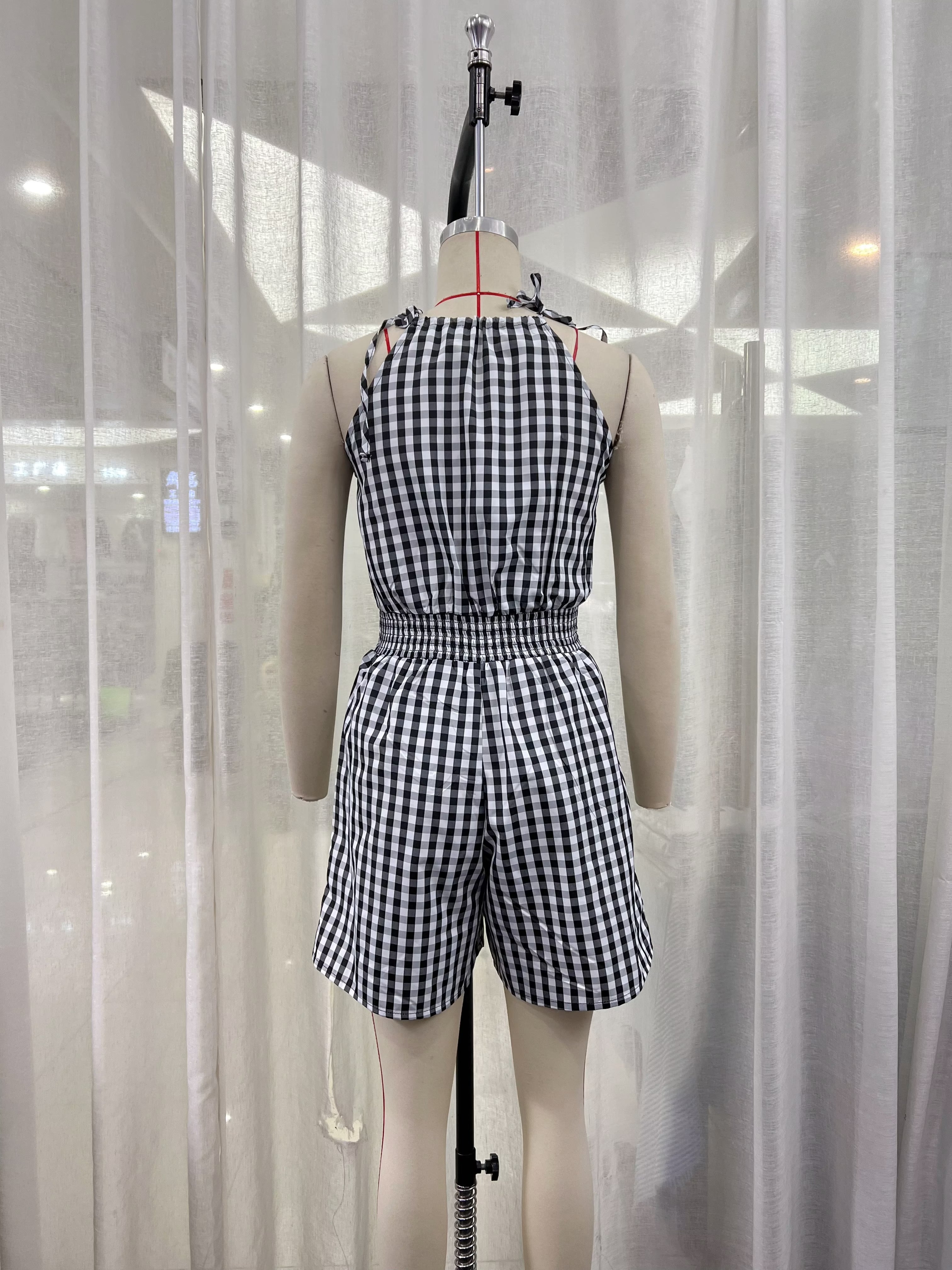 Loose Jumpsuit Crew Neck Shorts Check Jumpsuit
