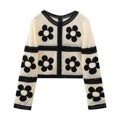 Retro Floral Cutout Knitted Chiffon Stitching Round Neck Long Sleeve Top