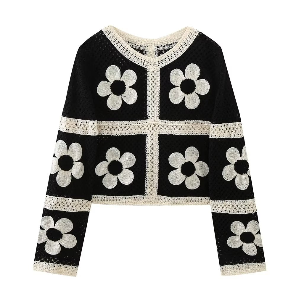 Retro Floral Cutout Knitted Chiffon Stitching Round Neck Long Sleeve Top