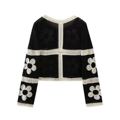 Retro Floral Cutout Knitted Chiffon Stitching Round Neck Long Sleeve Top