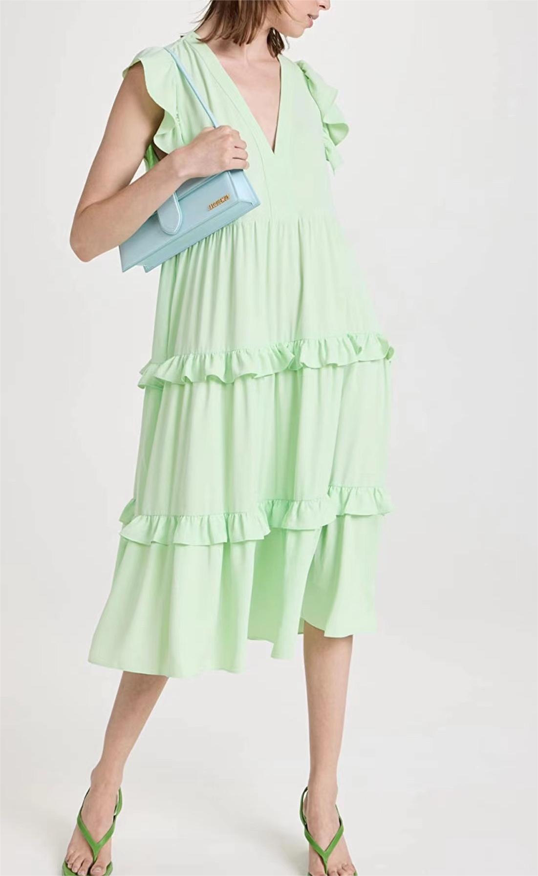 Casual Ruffled Stitching Solid Green Midi Dress