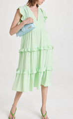 Casual Ruffled Stitching Solid Green Midi Dress