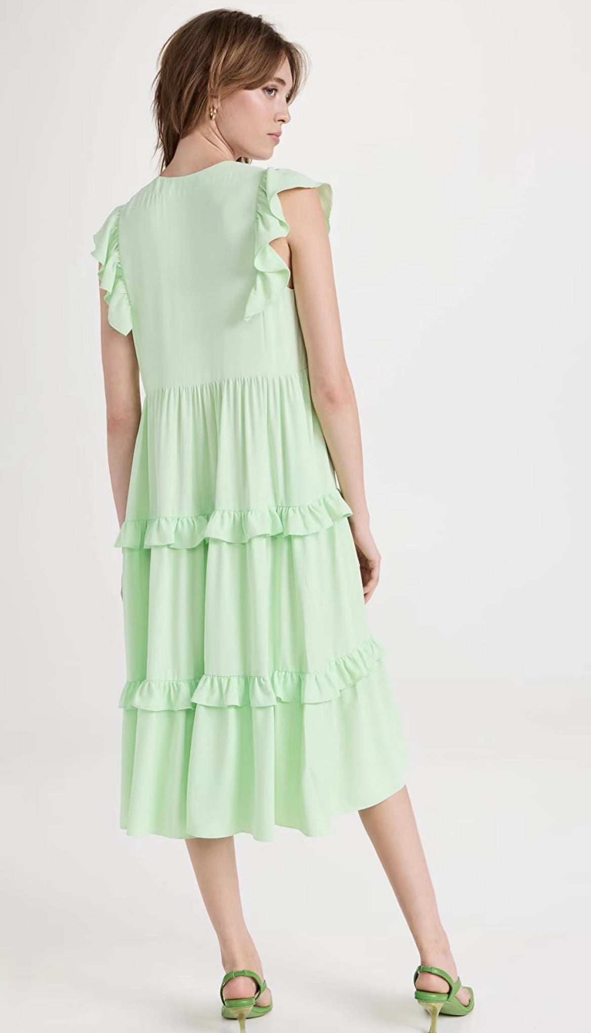 Casual Ruffled Stitching Solid Green Midi Dress