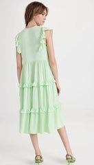 Casual Ruffled Stitching Solid Green Midi Dress