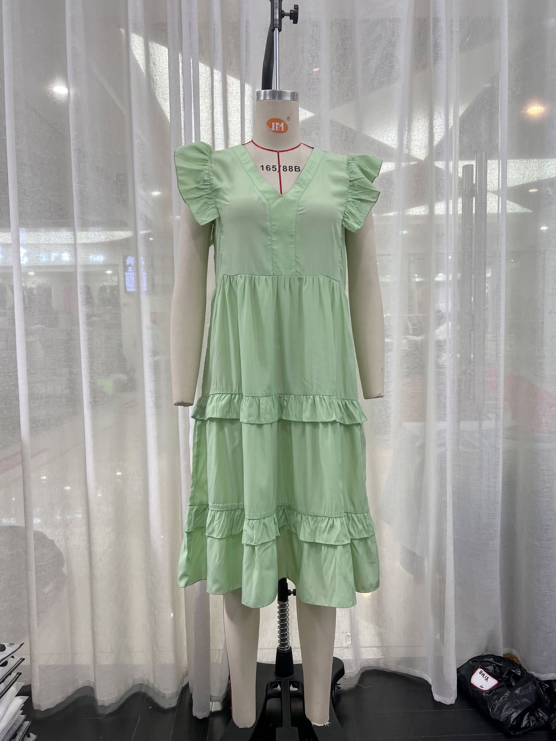 Casual Ruffled Stitching Solid Green Midi Dress