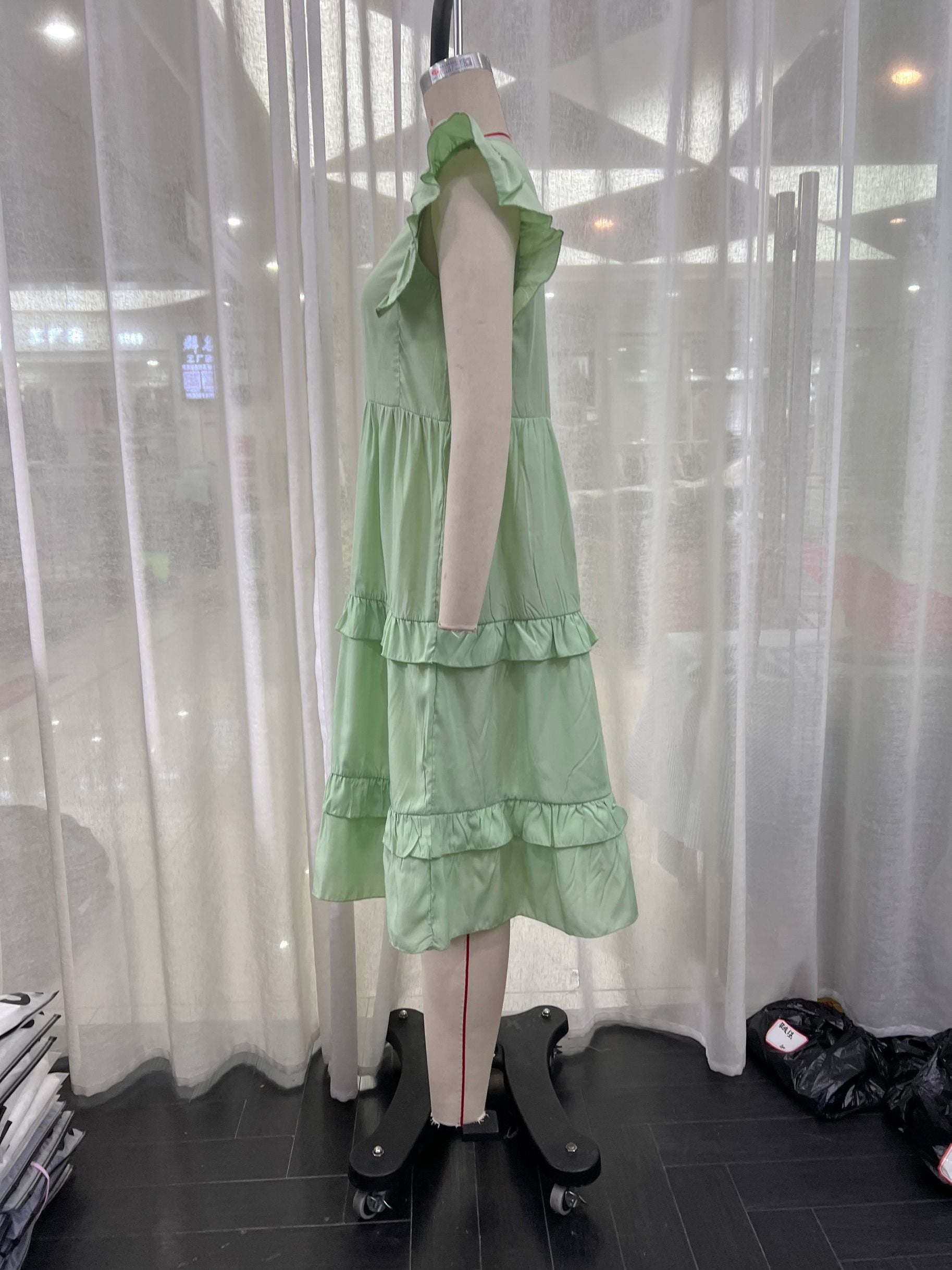 Casual Ruffled Stitching Solid Green Midi Dress