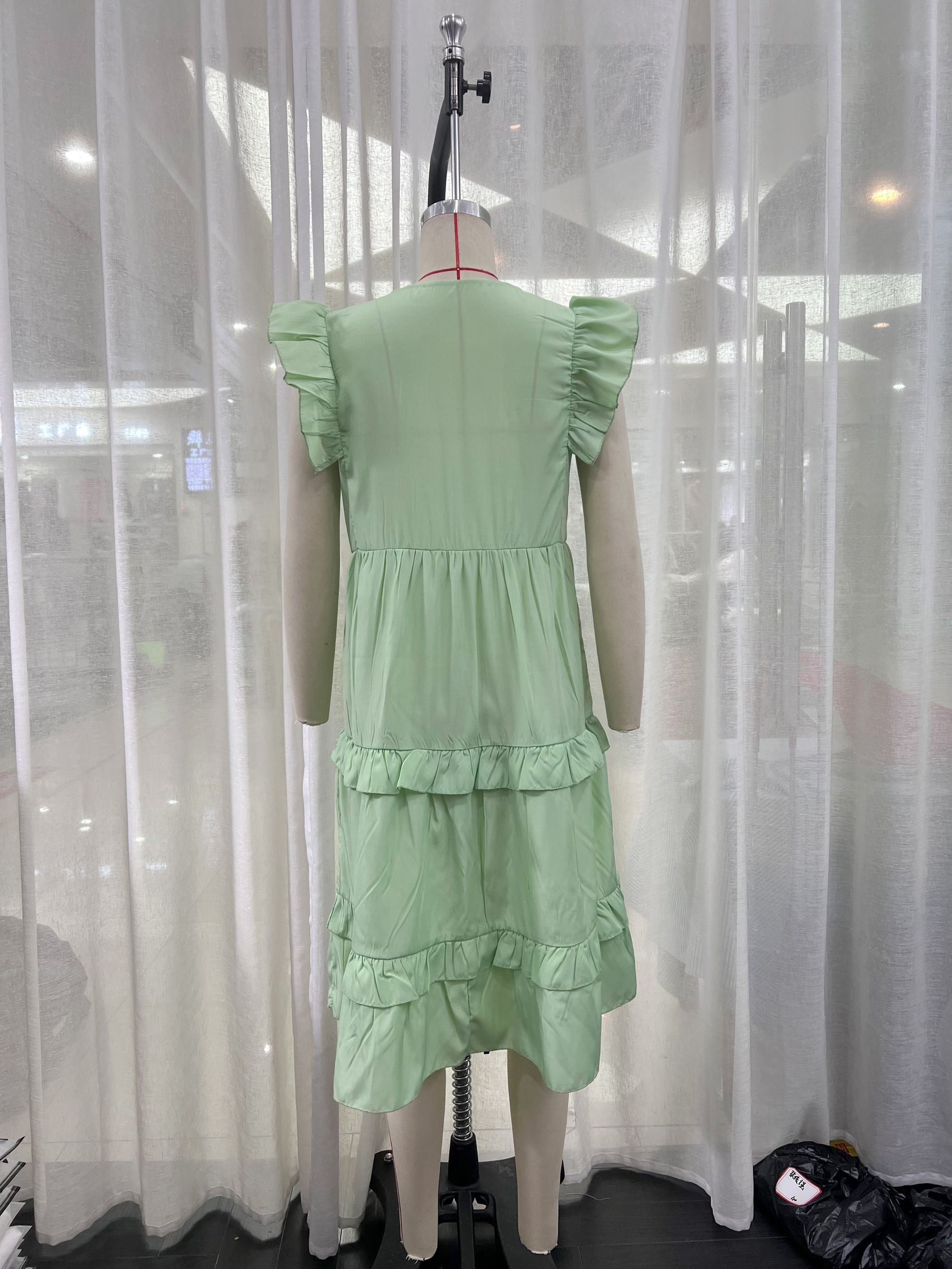 Casual Ruffled Stitching Solid Green Midi Dress