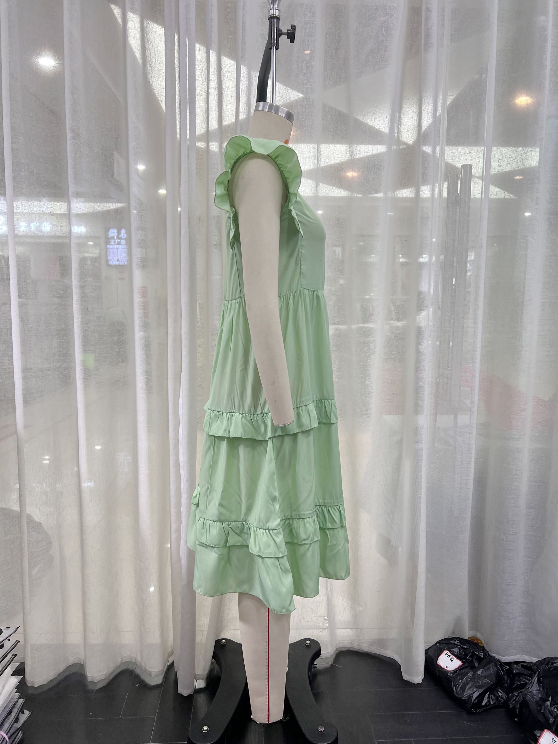 Casual Ruffled Stitching Solid Green Midi Dress