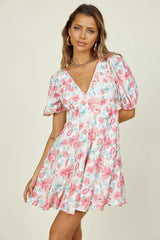 Short Sleeved V neck Printed Dress