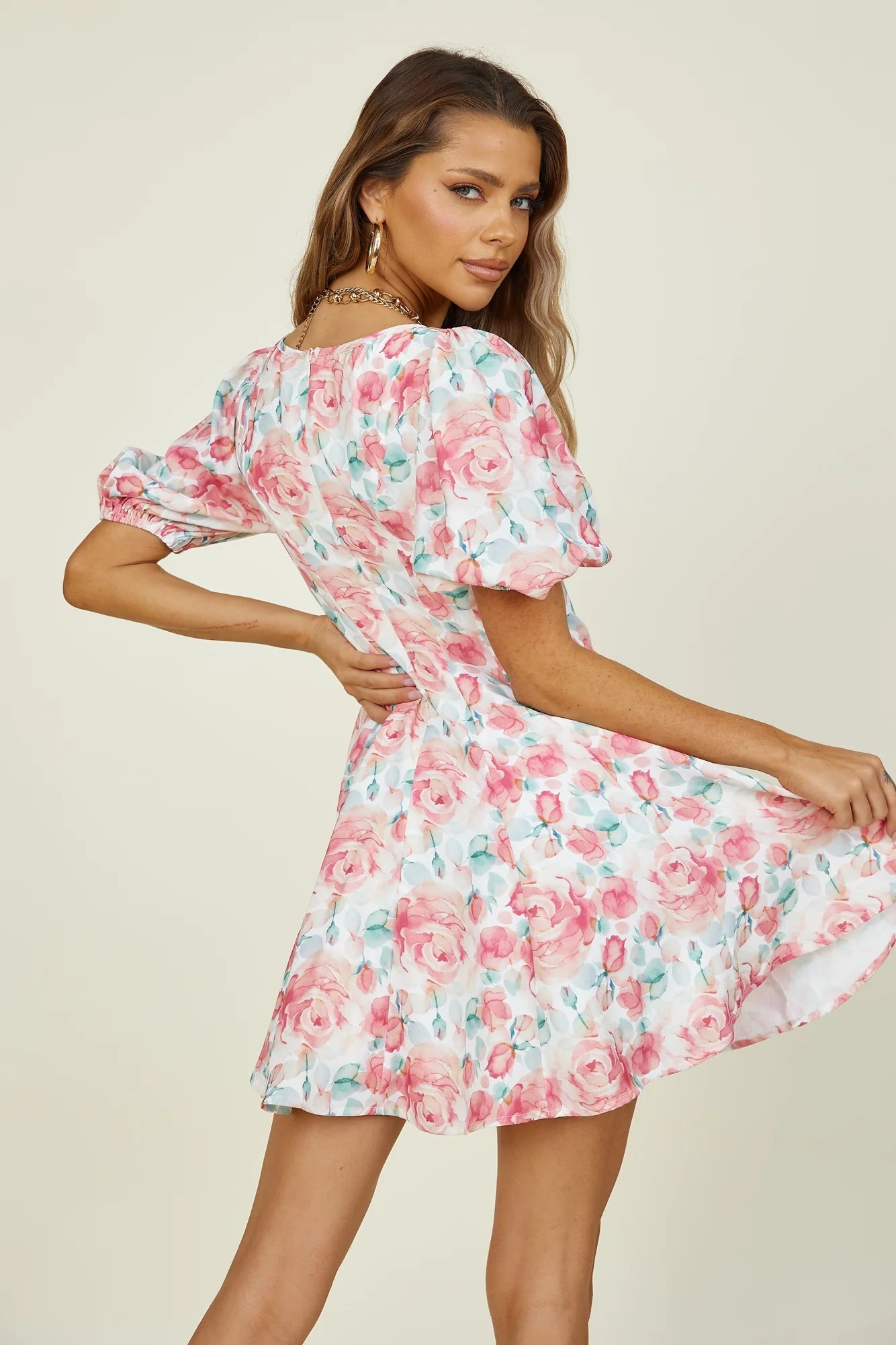 Short Sleeved V neck Printed Dress