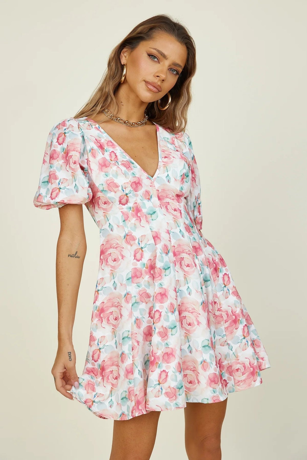 Short Sleeved V neck Printed Dress