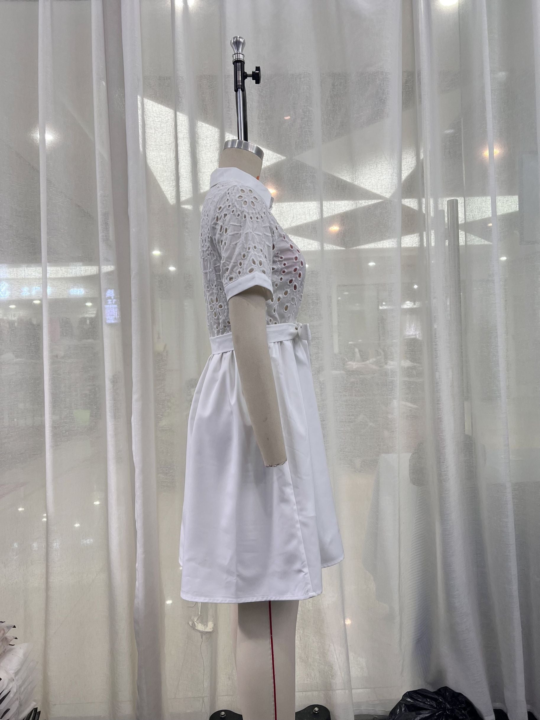 Casual Lace Shirt Collar Lace up Long Sleeve Dress