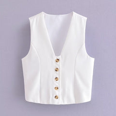 Early V neck Sleeveless Button Cardigan Solid Color Short Vest