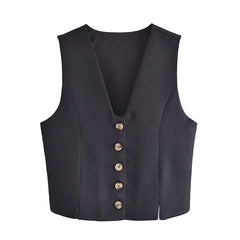 Wind Black Short Vest V neck Double Breasted Vest