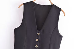 Wind Black Short Vest V neck Double Breasted Vest