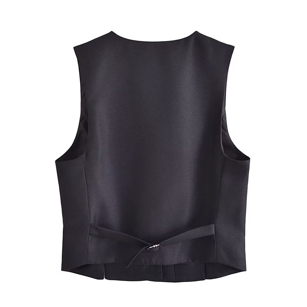 Wind Black Short Vest V neck Double Breasted Vest