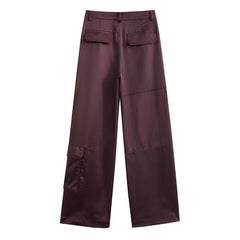 Silk Satin Textured Pocket Overalls High Waist Straight Pants