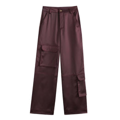 Silk Satin Textured Pocket Overalls High Waist Straight Pants