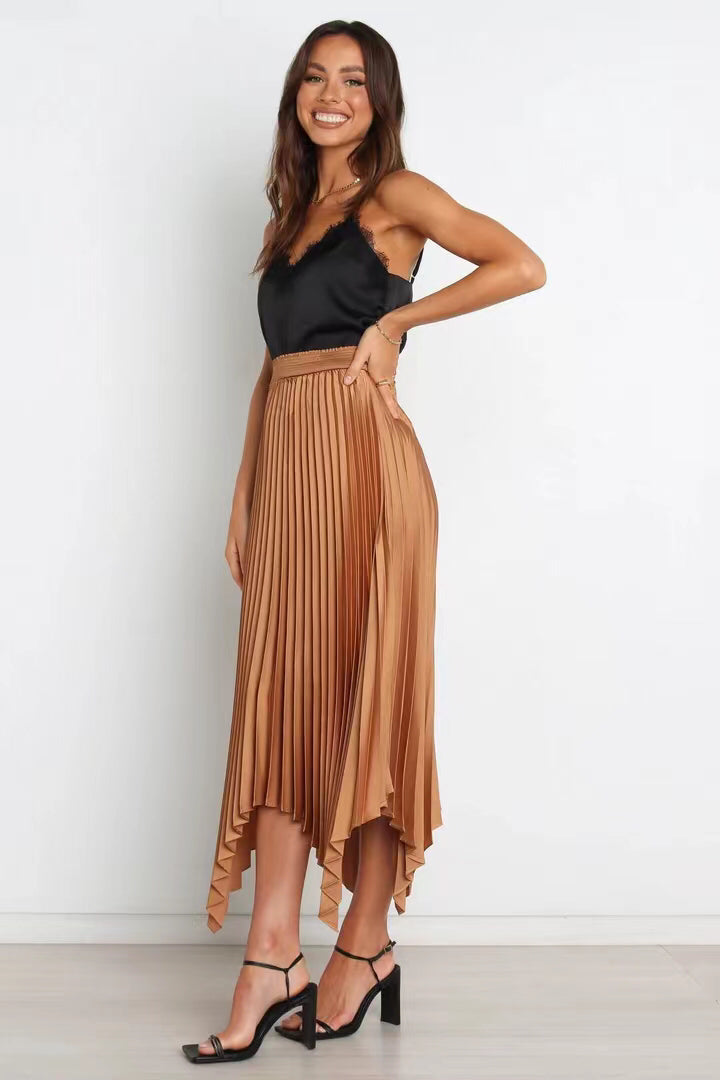 Solid Color Sun Pleated Elastic High Waist Casual All Matching Dress