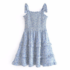 Blue Layered Bow Lace Printed Dress Short Dress Vest Dress