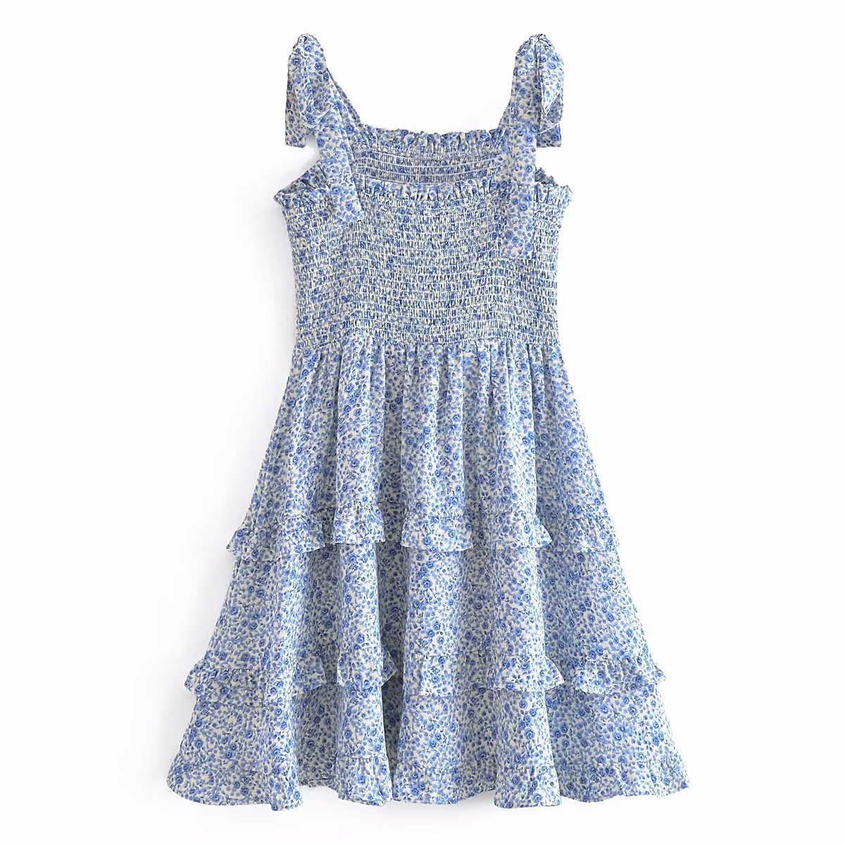 Blue Layered Bow Lace Printed Dress Short Dress Vest Dress