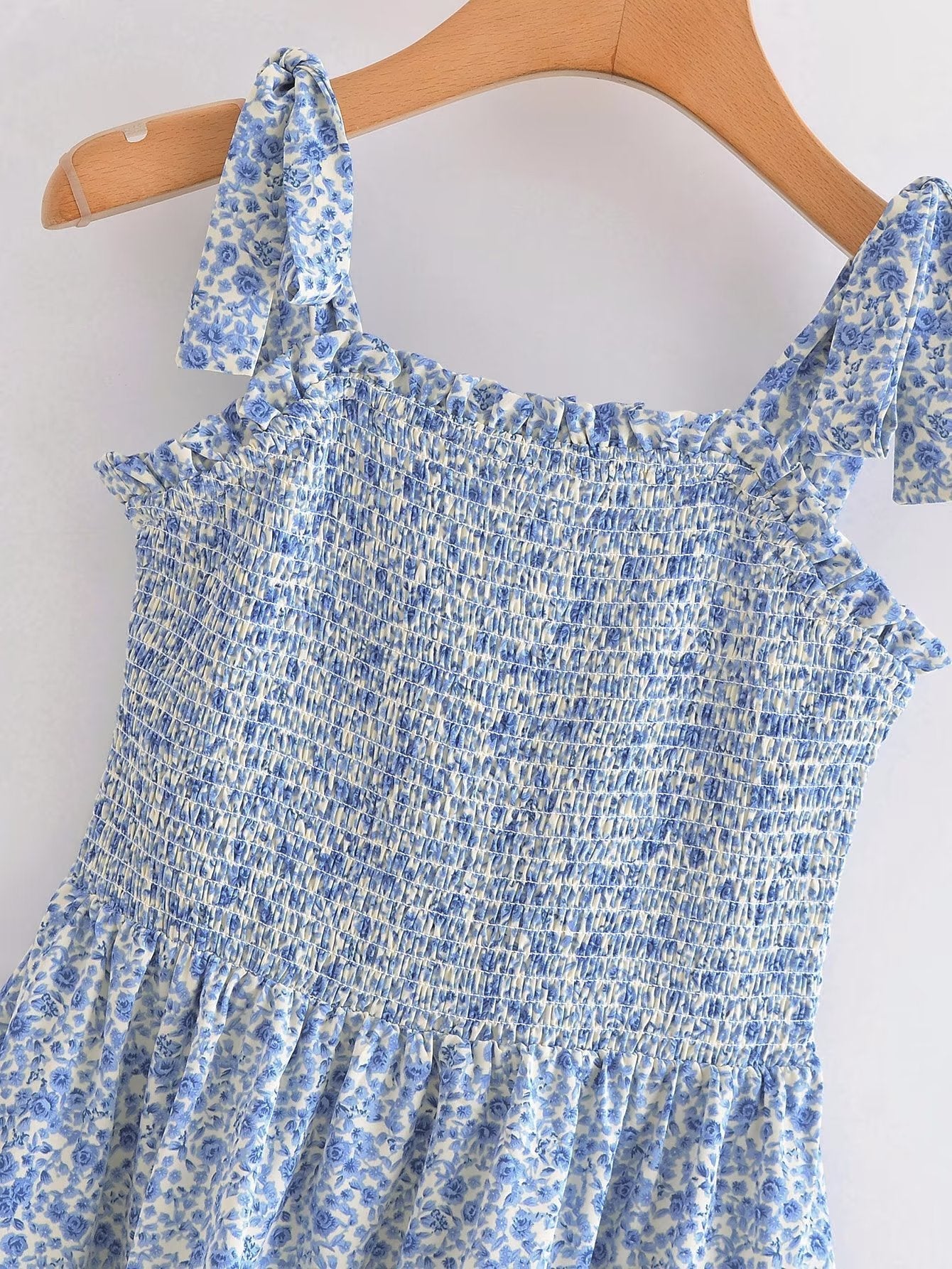 Blue Layered Bow Lace Printed Dress Short Dress Vest Dress