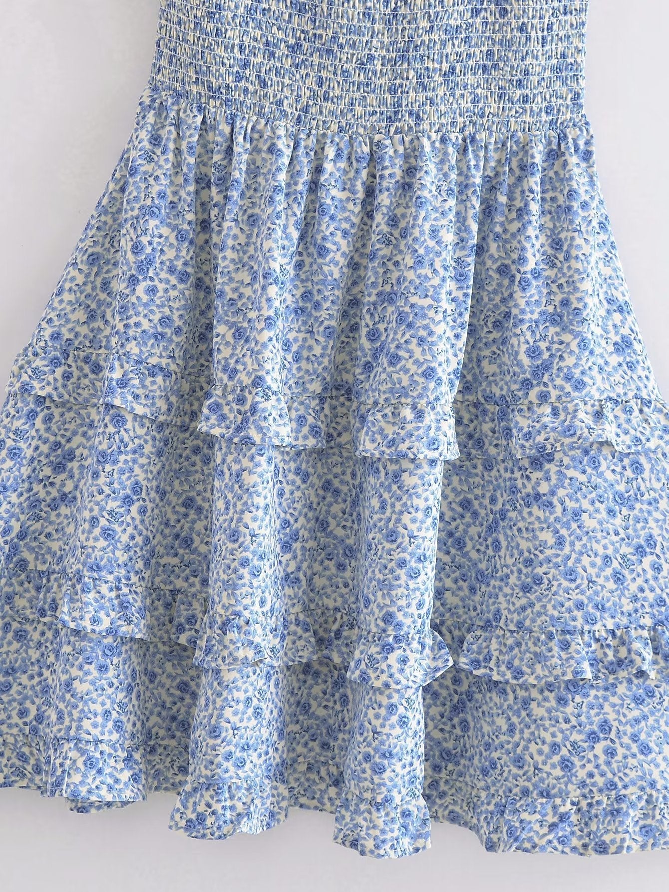 Blue Layered Bow Lace Printed Dress Short Dress Vest Dress