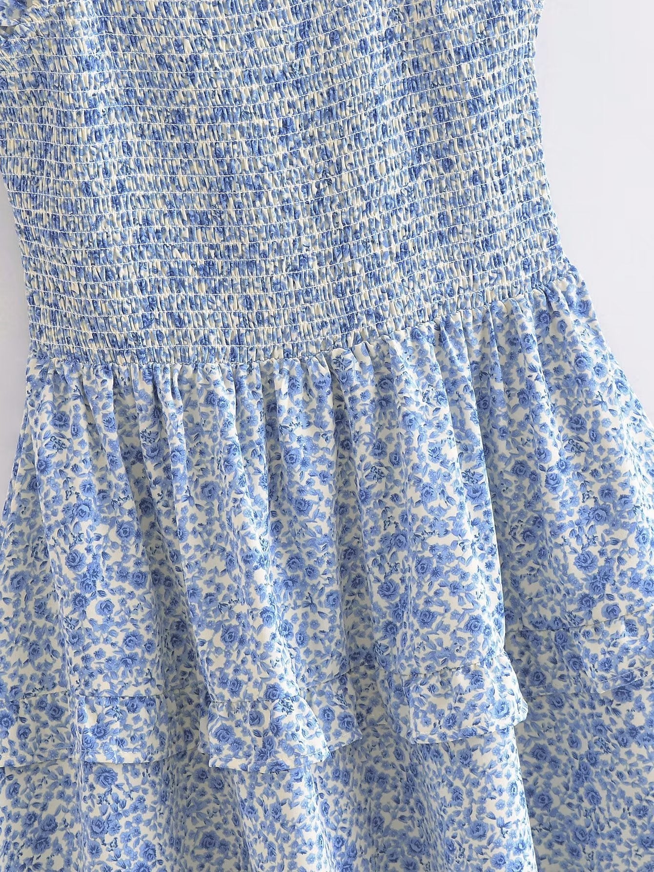 Blue Layered Bow Lace Printed Dress Short Dress Vest Dress