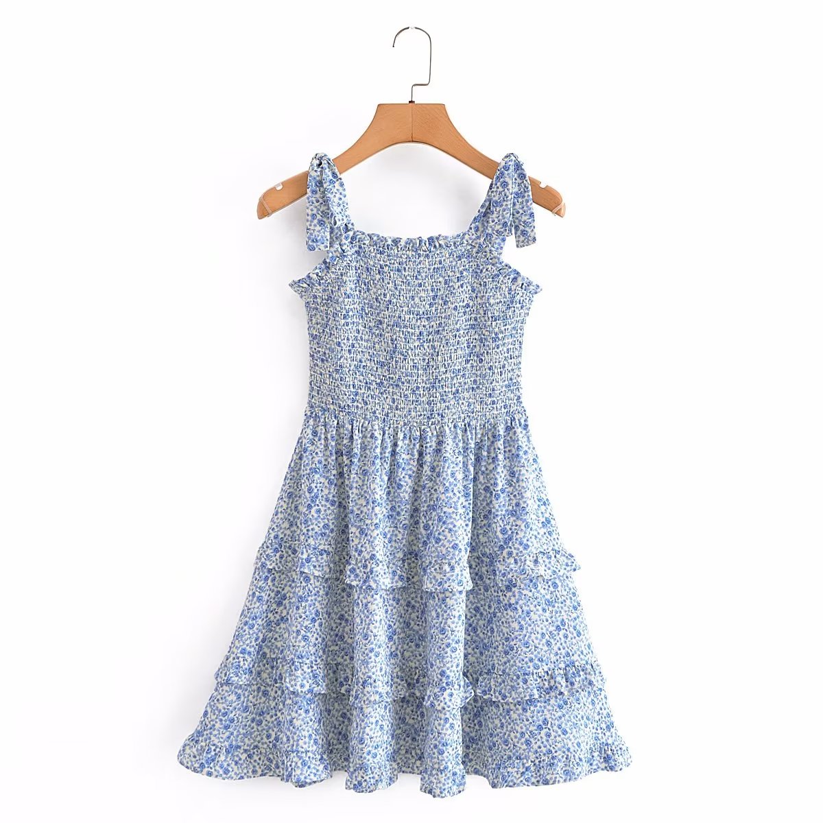 Blue Layered Bow Lace Printed Dress Short Dress Vest Dress