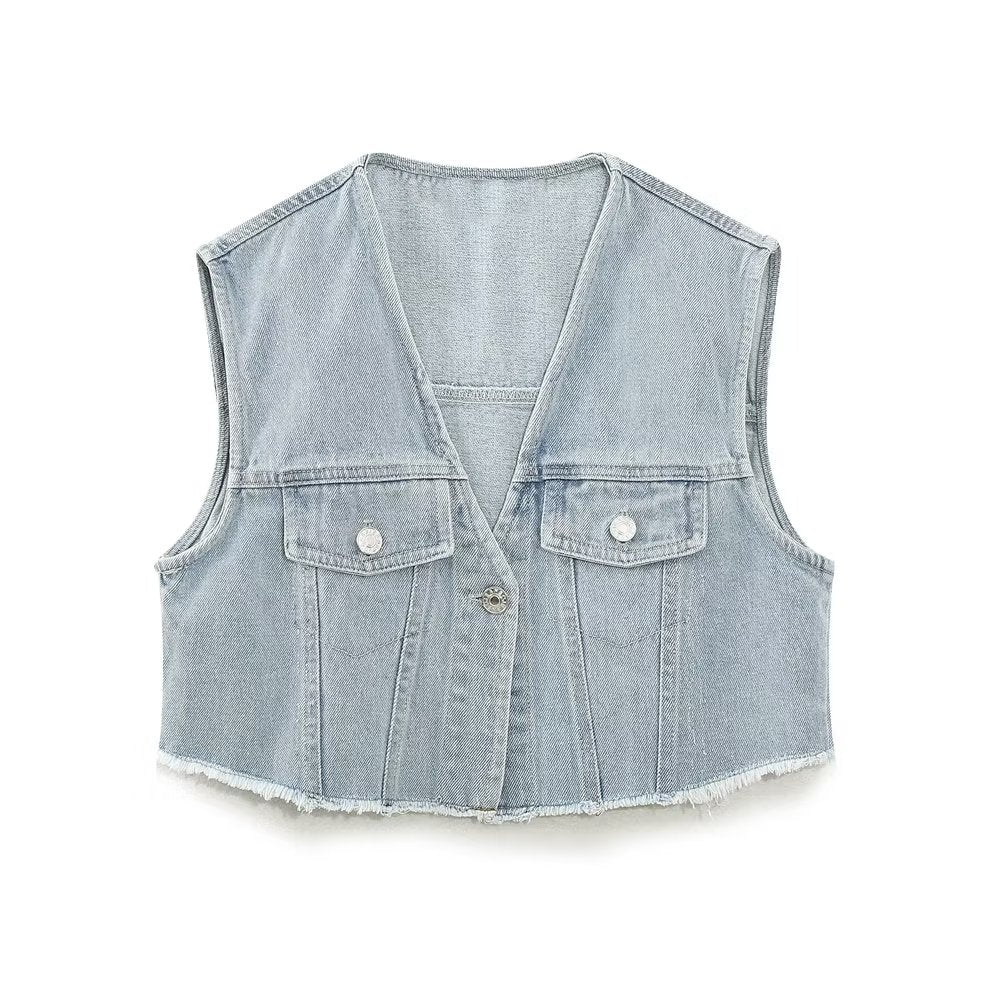 Solid Color Denim Stitching Vest Button Decoration Top Sleeveless Small Pocket Coat