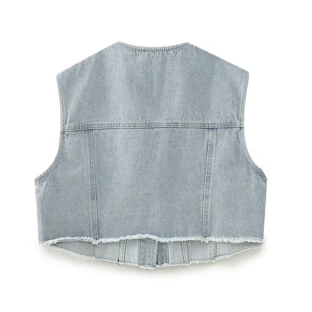 Solid Color Denim Stitching Vest Button Decoration Top Sleeveless Small Pocket Coat