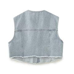 Solid Color Denim Stitching Vest Button Decoration Top Sleeveless Small Pocket Coat