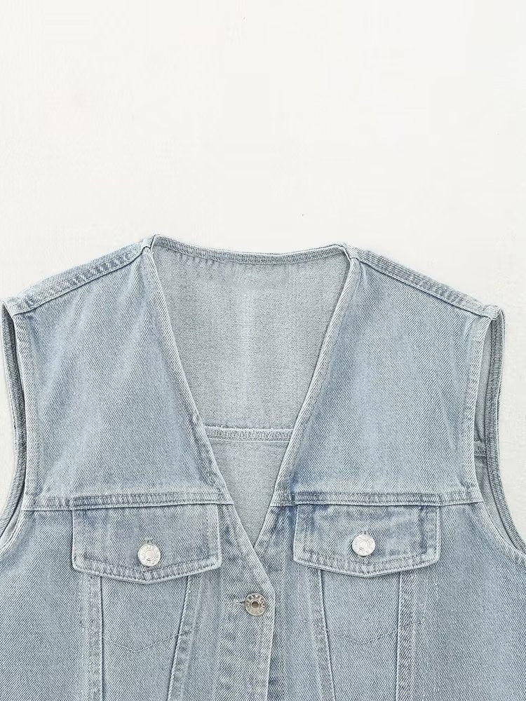 Solid Color Denim Stitching Vest Button Decoration Top Sleeveless Small Pocket Coat