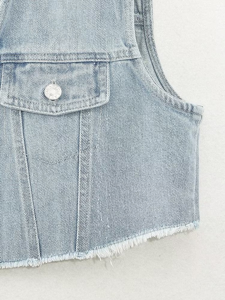 Solid Color Denim Stitching Vest Button Decoration Top Sleeveless Small Pocket Coat