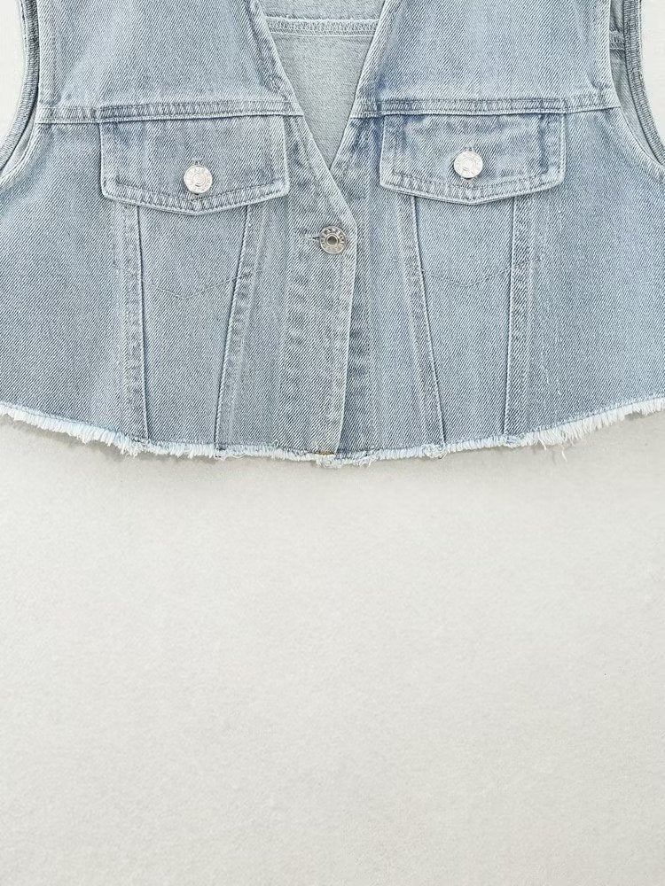 Solid Color Denim Stitching Vest Button Decoration Top Sleeveless Small Pocket Coat