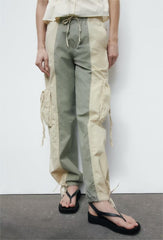 Jean cargo kaki ancien, pantalon ample à poches multiples et queue traînante