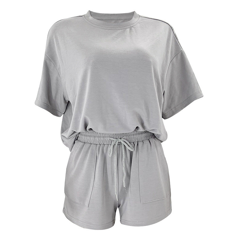 Solid Color round Neck Half Sleeve Pullover Top Casual Shorts Suit
