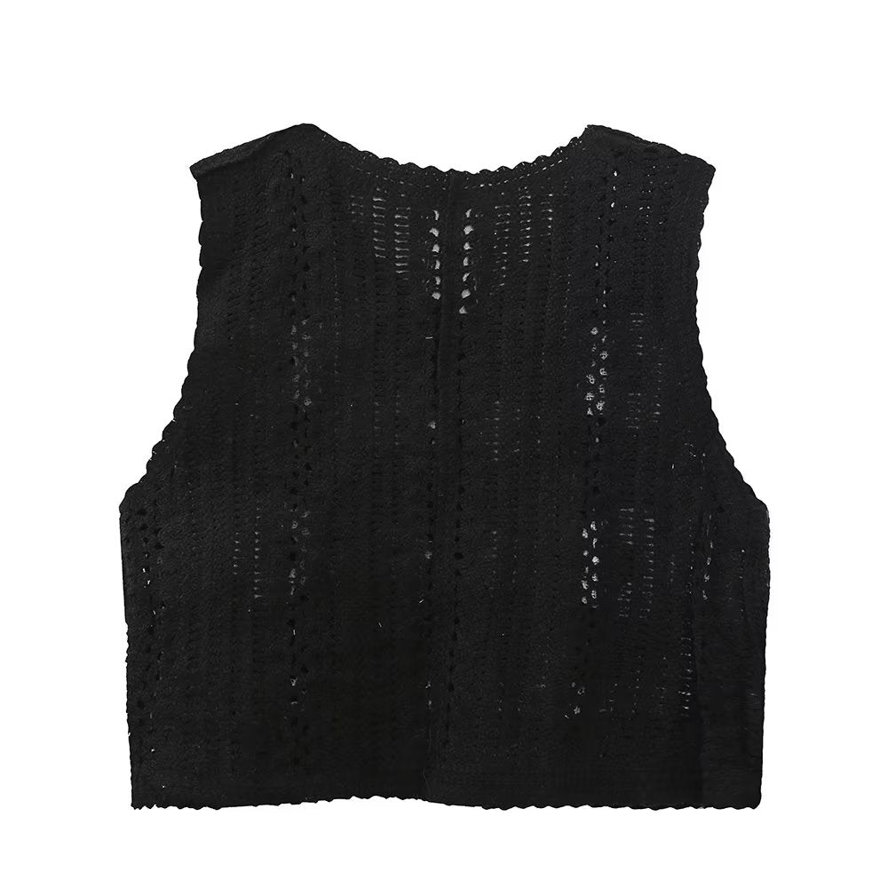 Hollow Out Cutout Floral Jacquard Single Breasted Vest Crocheted Waistcoat Vest