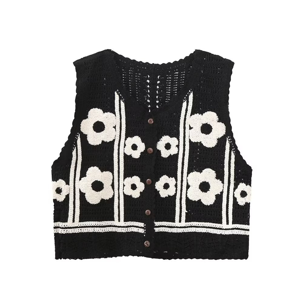 Hollow Out Cutout Floral Jacquard Single Breasted Vest Crocheted Waistcoat Vest