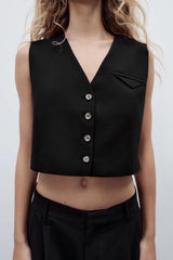 Black Slim Fit Cropped Vest Short V neck Sleeveless Vest