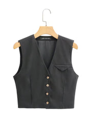 Black Slim Fit Cropped Vest Short V neck Sleeveless Vest