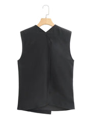 Bow Double Placket Tied V-neck Sleeveless Vest Black Casual Vest