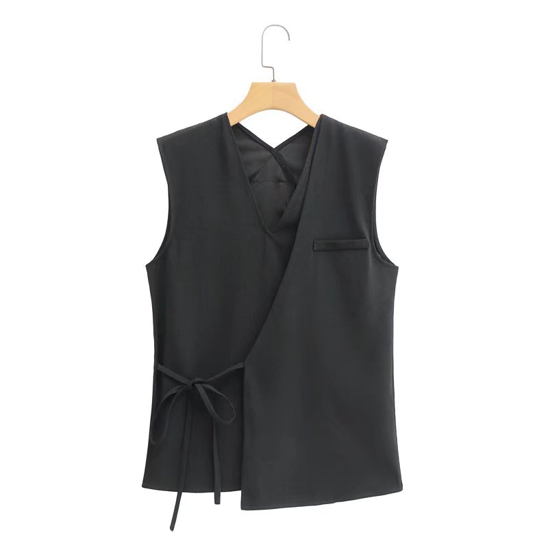 Bow Double Placket Tied V-neck Sleeveless Vest Black Casual Vest